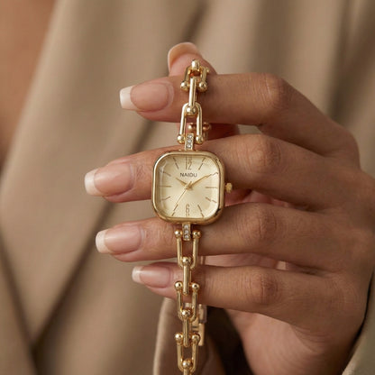 The Elite Eternity Watch redefines elegance with its sophisticated square small dial and a light luxury Cuban-inspired strap. This timepiece seamlessly blends the bold aesthetic of a high-end bracelet with the precision of a modern quartz movement, making it a standout accessory for any trendsetting wardrobe.