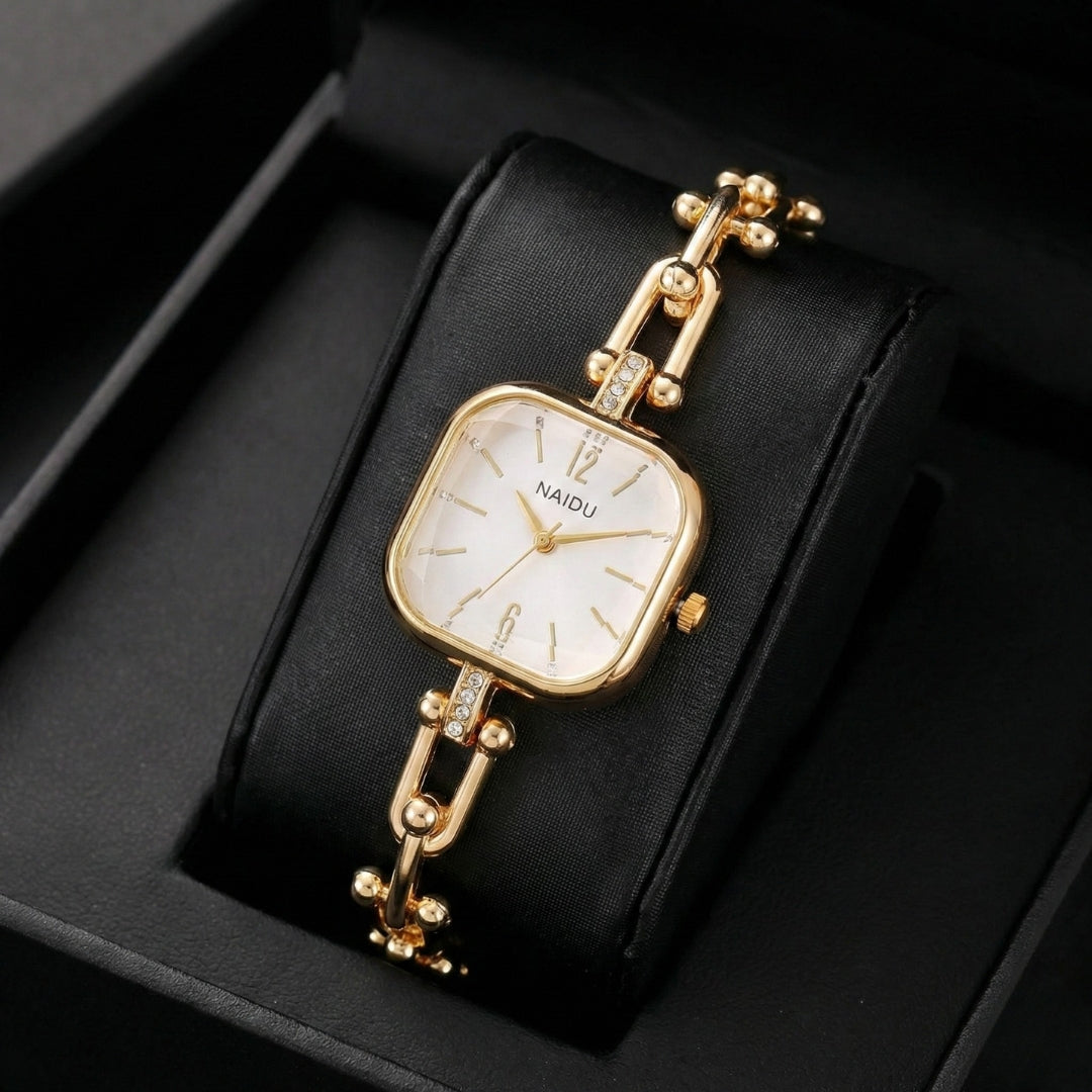 The Elite Eternity Watch redefines elegance with its sophisticated square small dial and a light luxury Cuban-inspired strap. This timepiece seamlessly blends the bold aesthetic of a high-end bracelet with the precision of a modern quartz movement, making it a standout accessory for any trendsetting wardrobe.