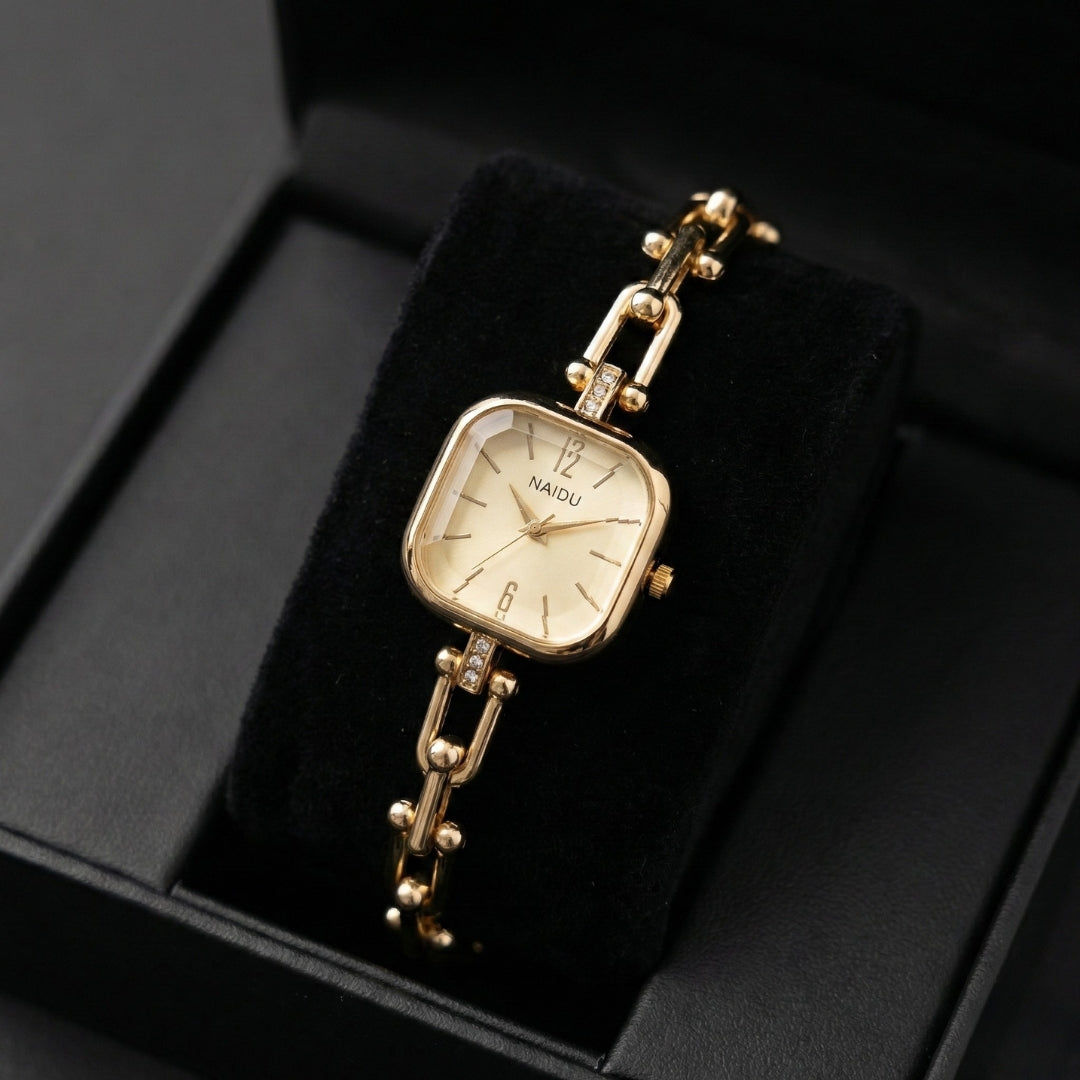 The Elite Eternity Watch redefines elegance with its sophisticated square small dial and a light luxury Cuban-inspired strap. This timepiece seamlessly blends the bold aesthetic of a high-end bracelet with the precision of a modern quartz movement, making it a standout accessory for any trendsetting wardrobe.